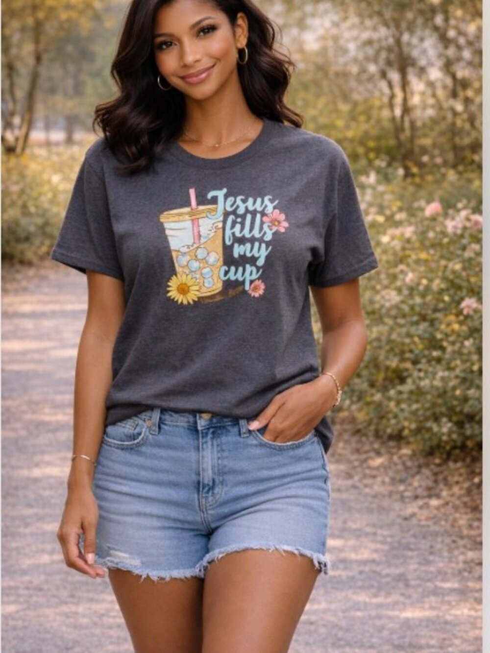 Grey  'Jesus Fills My Cup' Graphic Tee  Custom Printed Shirt with Pastel Accents
